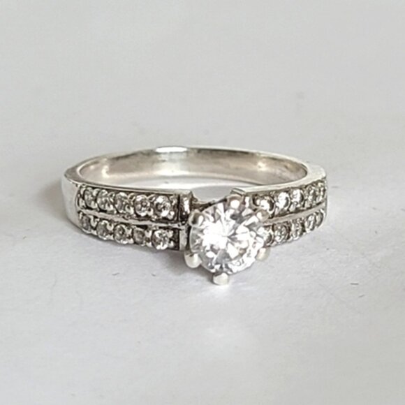 Vintage CZ Pave Crystal Prong Set 2 Row Sterling Silver Band Ring - Picture 1 of 12